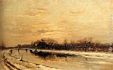 Louis Apol Winter An Orchard Alongside A Canal With A Farmhouse In The Distance At Dusk painting